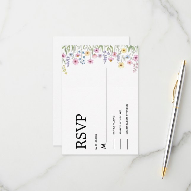 Carte de réponse aquarelle couleur fleur sauvage  (Devant/Arrière en situation)