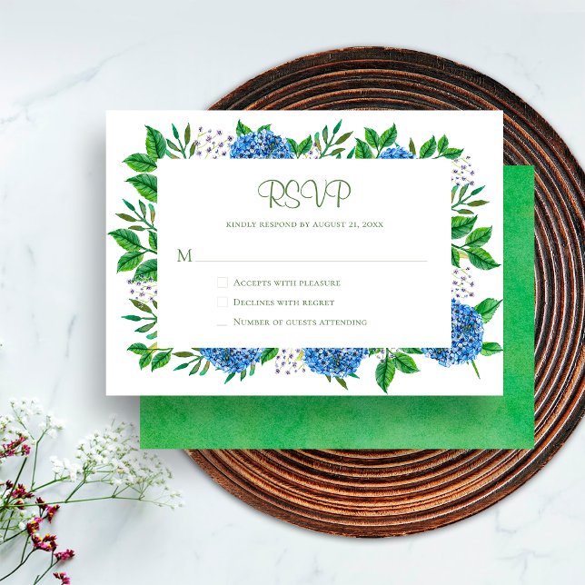 Carte de réponse aquarelle Hydrangeas bleus rustiq (Front / Back)