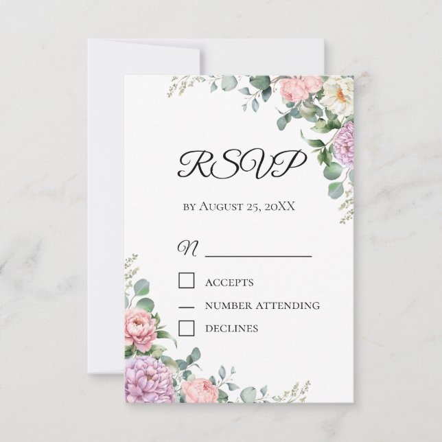 Carte de réponse aquarelle Pivoine & Eucalyptus |  (Devant)