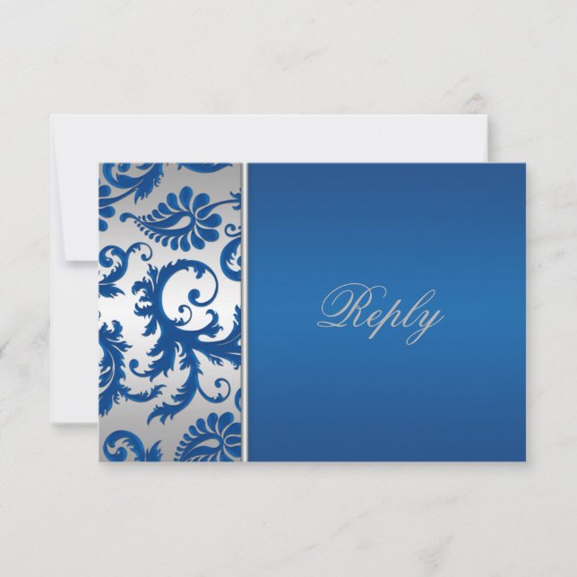 Carte de réponse Argent et Cobalt Blue Damask (Devant)
