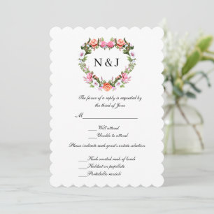 Carte de réponse au coeur floral des Roses romanti