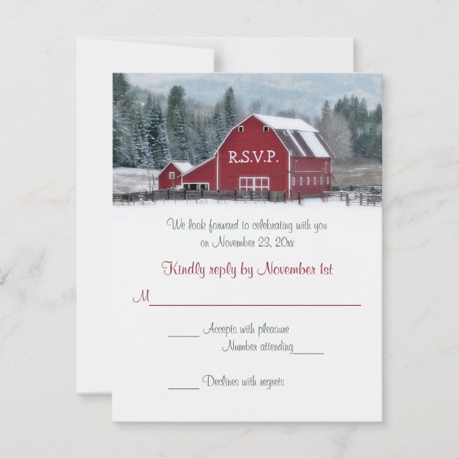 Carte de réponse au mariage de Red Barn en hiver (Devant)