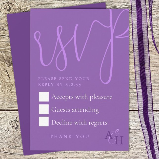 Carte de réponse au mariage violet (plum purple wedding rsvp enclosure card with elegant script calligraphy, return response card)