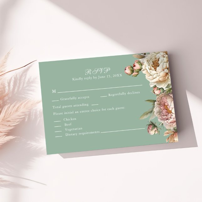 Carte de réponse aux pivoines vert sauge pastel et (Pastel Sage Green and Blush Pink Peonies RSVP Card on a sunny table with neutral botanicals)