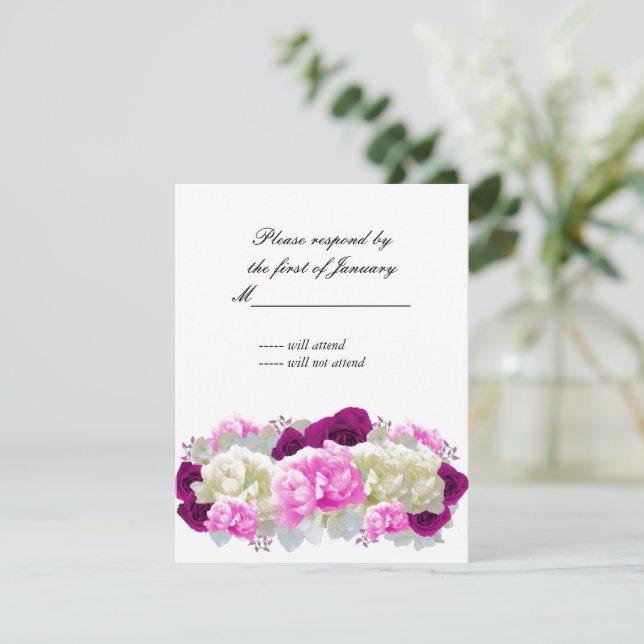 Carte de réponse aux roses roses et pivoines (Debout devant)