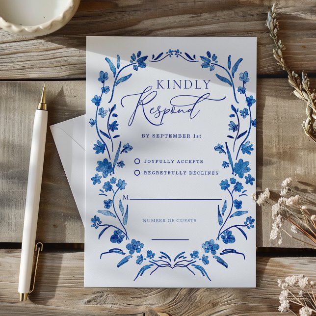 Carte de réponse avec cadre aquarelle fleurs bleue (Blue Floral Watercolor Frame Response Card RSVP)