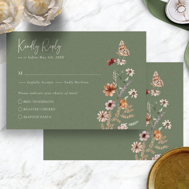 Carte de réponse Boho Sage (Boho Sage Green Floral with Butterfly RSVP Card by Painted Paperie
)