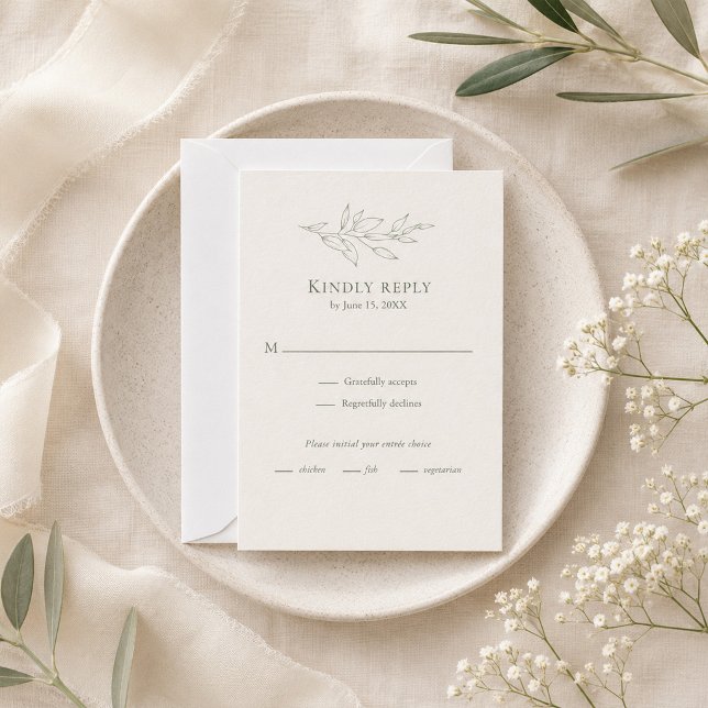 Carte de réponse botanique Modern Sage (Modern Sage Botanical RSVP Card on an elegant table with tiny flowers)