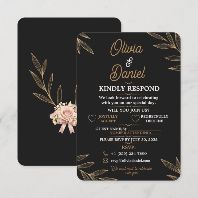 Carte de réponse botanique Or Noir modifiable RSVP (Devant / Derrière)