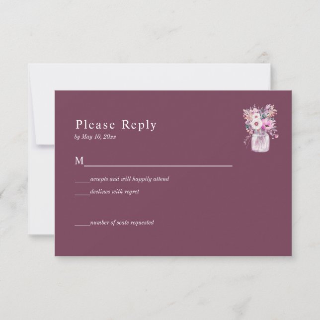 Carte de réponse Burgundy Mason Jar avec fleurs (Devant)