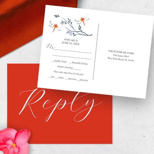 Carte de réponse Choix de repas de mariage (Wedding rsvp card features unique red dragonfly and botanical watercolor art by Victoria Grigaliunas)