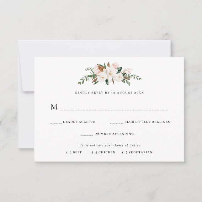 carte de réponse choix de repas florale magnolia (Devant)