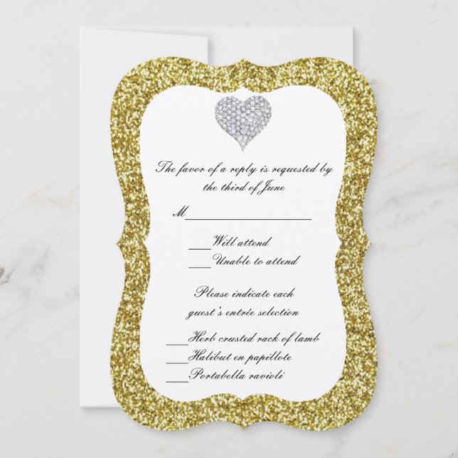 Carte de réponse Cœur de diamant paillettes dorées (Devant)