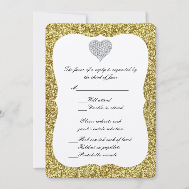 Carte de réponse cœur diamant paillettes or (Devant)