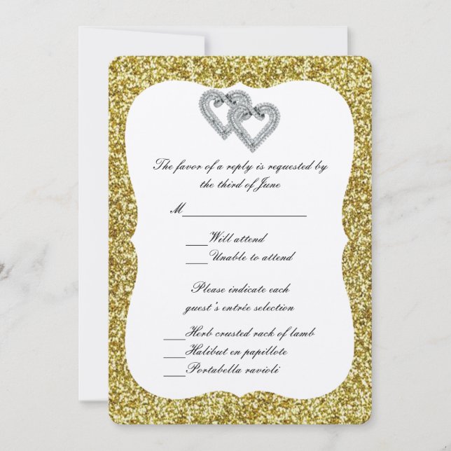 Carte de réponse Cœurs de diamant paillettes dorée (Devant)