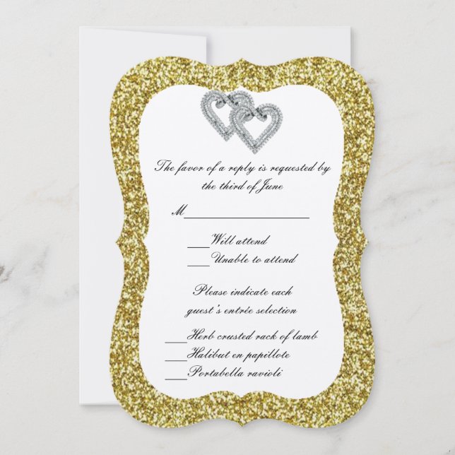 Carte de réponse Cœurs de diamant paillettes dorée (Devant)