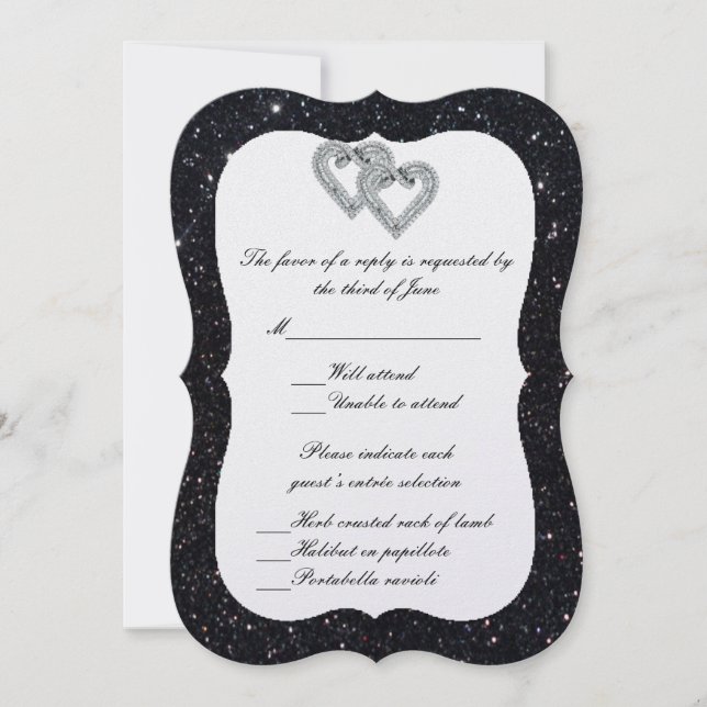 Carte de réponse Cœurs de diamant paillettes noire (Devant)