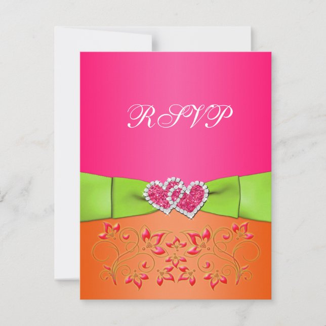 Carte de réponse Cœurs Fleuris Rose Orange Lime Un (Devant)
