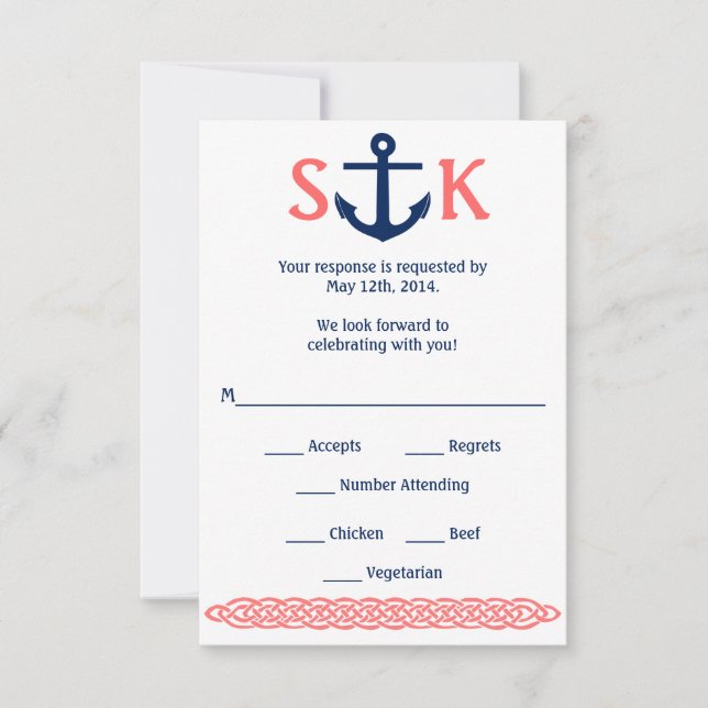 Carte de réponse d'ancre nautique Navy et Corail (Devant)