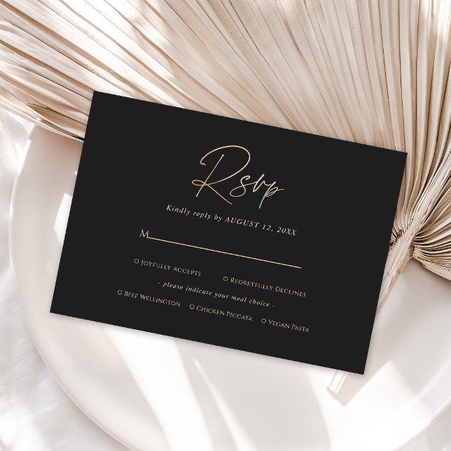 Carte de réponse d'anniversaire en or noir moderne (Modern Black Gold Birthday RSVP Card, Meal Choice Card)