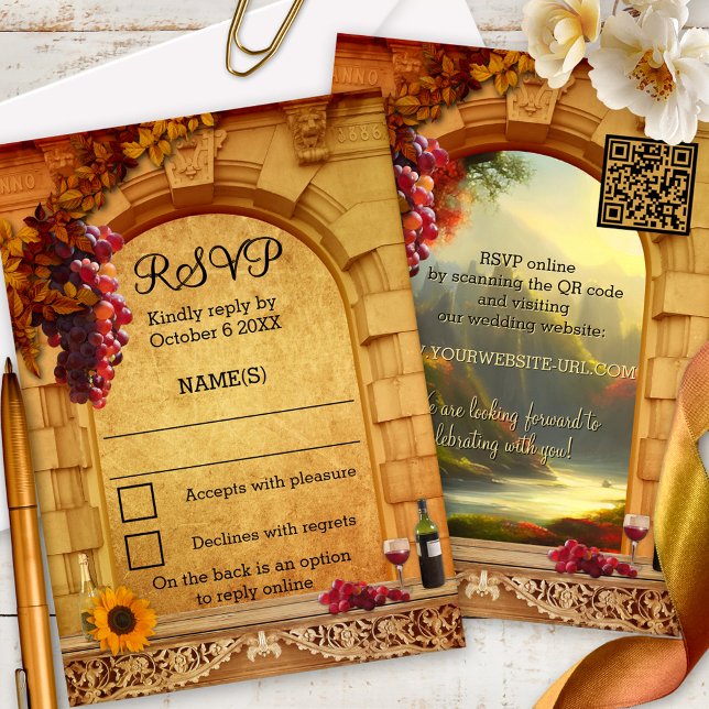 Carte de réponse de cave ou vignoble italien class (Classic Italian vineyard or winery RSVP card featuring a Roman arch with grapes and wine - QR code)