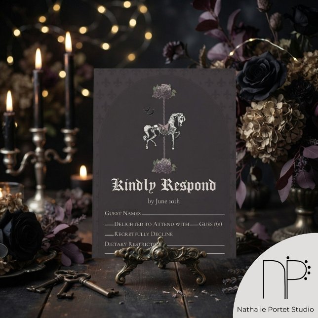 Carte de réponse de cheval de carrousel gothique v (Hand-drawn skeleton carousel horse, romantic roses in a rich dark purple arched frame, fleur de lis)