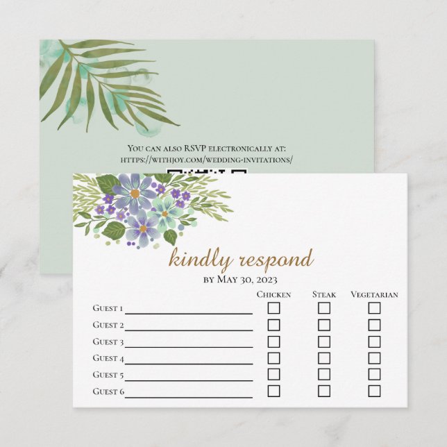 Carte de réponse de choix de repas de Feuilles d'a (Devant / Derrière)