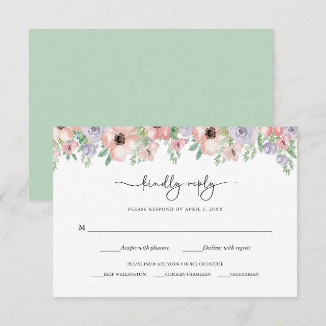 Carte de réponse de fête florale pastel élégante (Devant / Derrière)