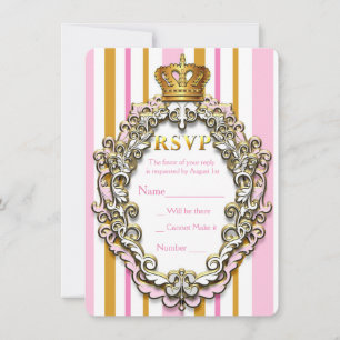 Carte de réponse de fête rayée rose couronne dorée