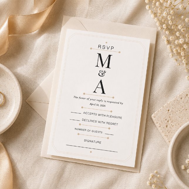 Carte de réponse de luxe avec monogramme minimal é (Elegant Monogram RSVP Card for a timeless luxury black tie wedding.)