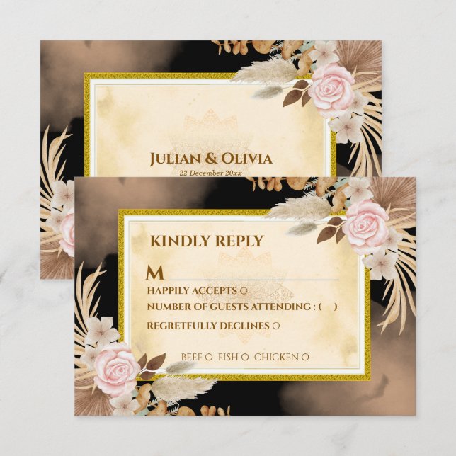 Carte de réponse de luxe Boho noir et or (Devant / Derrière)