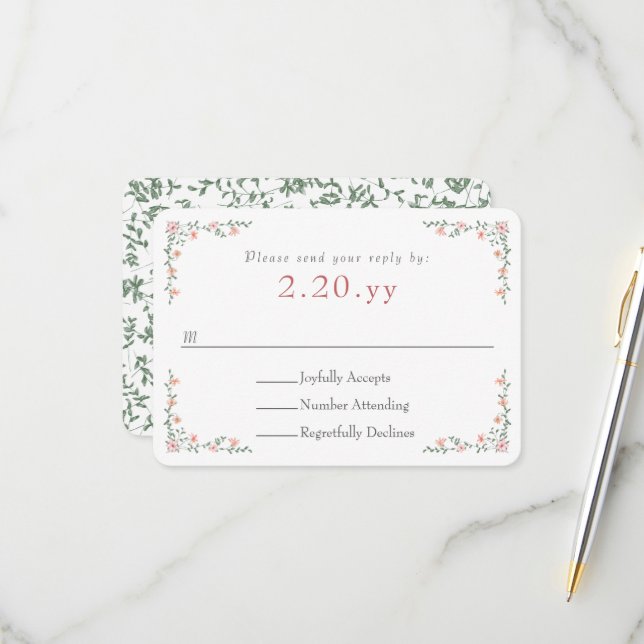 Carte de réponse de mariage à bordure de vigne ros (Devant/Arrière en situation)