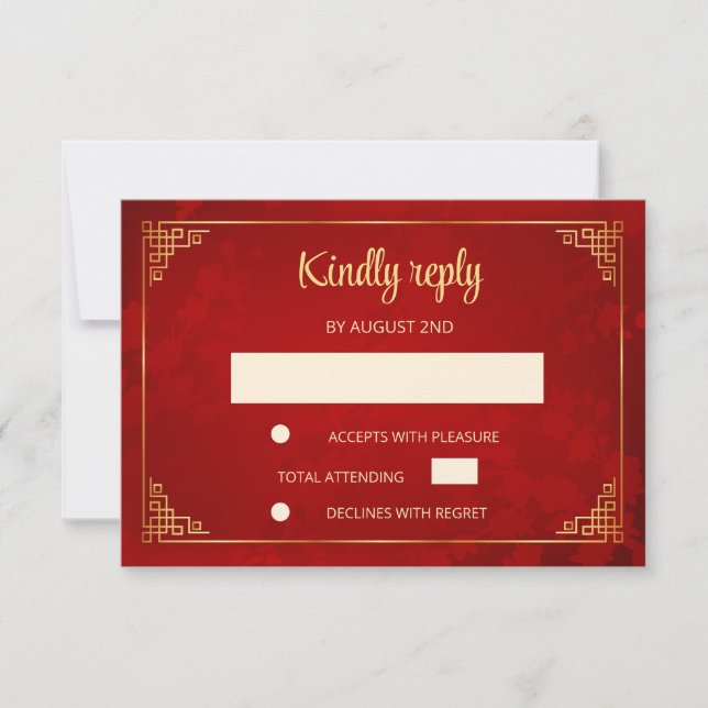 Carte de réponse de mariage à cadre chinois en or  (Devant)