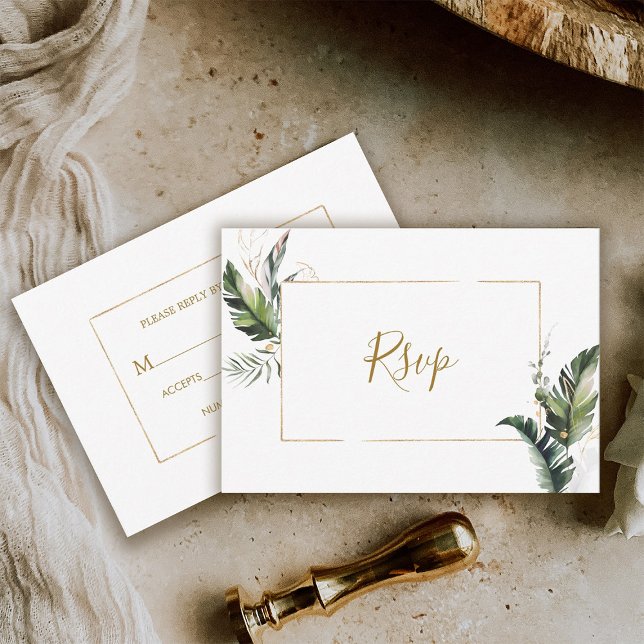 Carte de réponse de mariage à cadre doré avec feui (Front & Back)