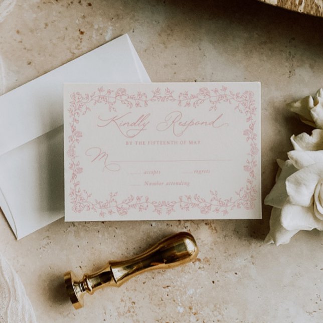 Carte de réponse de mariage à cadre floral de rose (Créateur téléchargé)