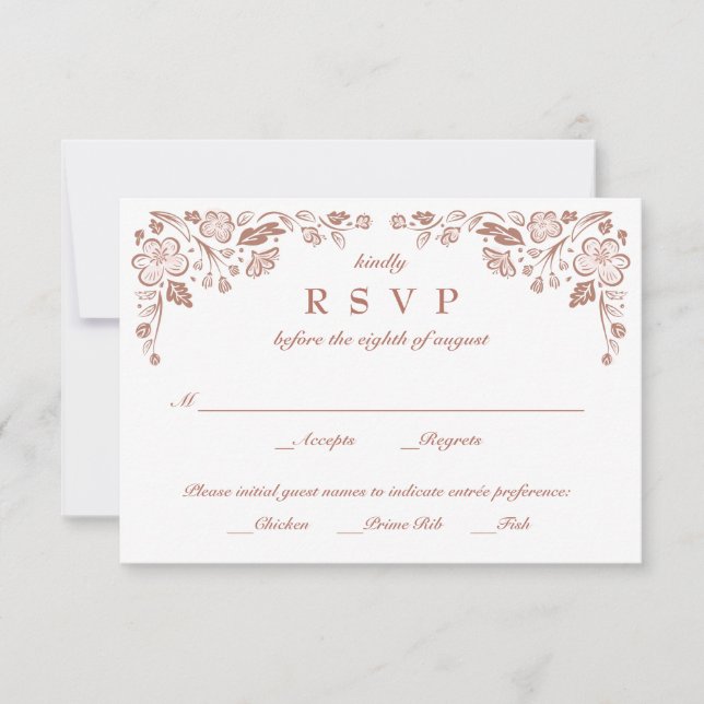 Carte de réponse de mariage à cadre florid or rose (Devant)