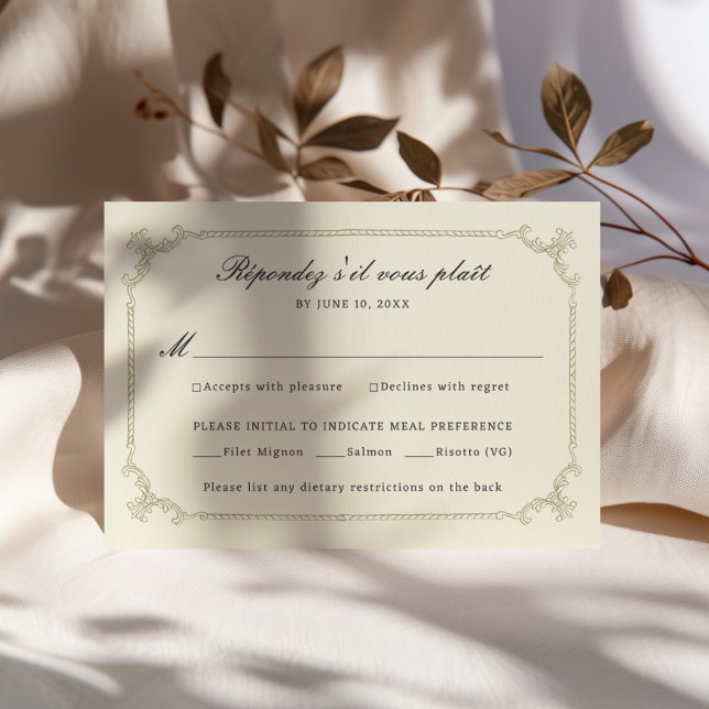 Carte de réponse de mariage à cadre orné vert saug (Créateur téléchargé)
