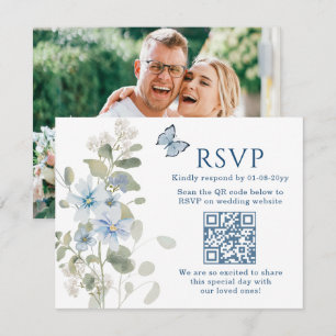 Carte de réponse de mariage à code QR florale bleu