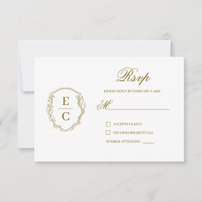 Carte de réponse de mariage à crête Monogramme Hér (Devant)