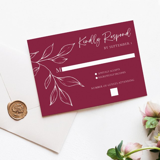 Carte de réponse de mariage à feuillage dessiné à  (Cranberry Hand Drawn Foliage Wedding RSVP Response Card)