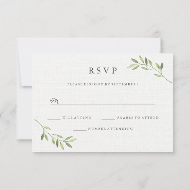 Carte de réponse de mariage à feuille verte aquare (Devant)