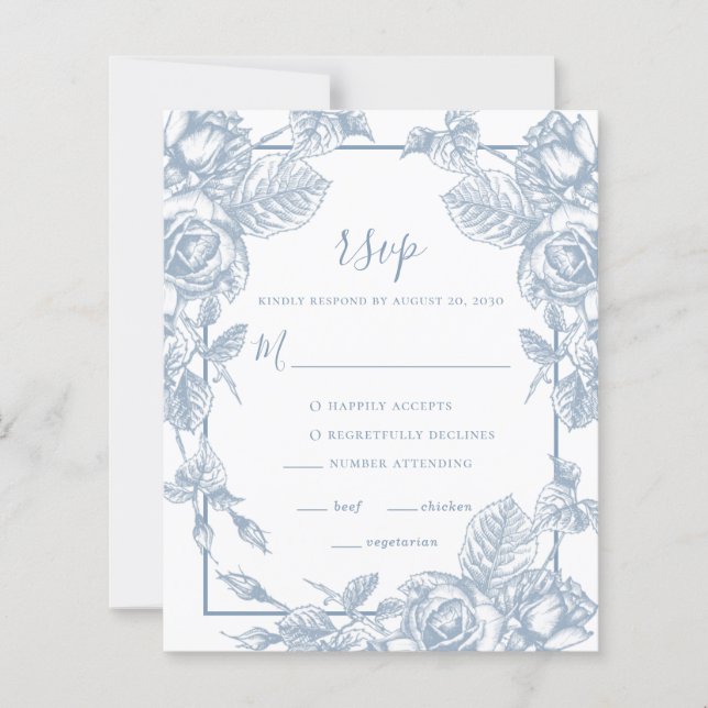 Carte de réponse de mariage à fleurs bleu poussiér (Devant)