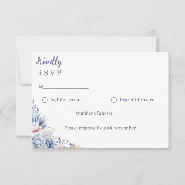 Carte de réponse de mariage à fleurs bleu poussiér (Devant)