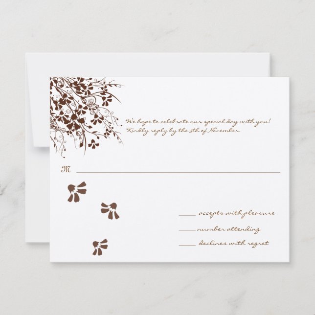 Carte de réponse de mariage à fleurs brunes (Devant)