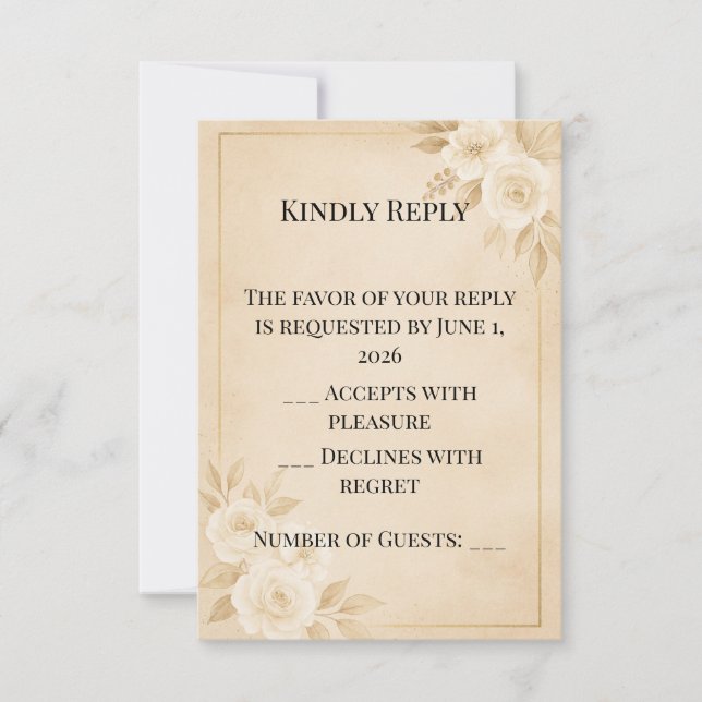 Carte de réponse de mariage à fleurs en or beige (Devant)