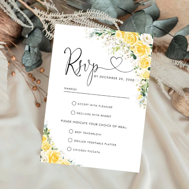 Carte de réponse de mariage à fleurs jaunes élégan (Créateur téléchargé)