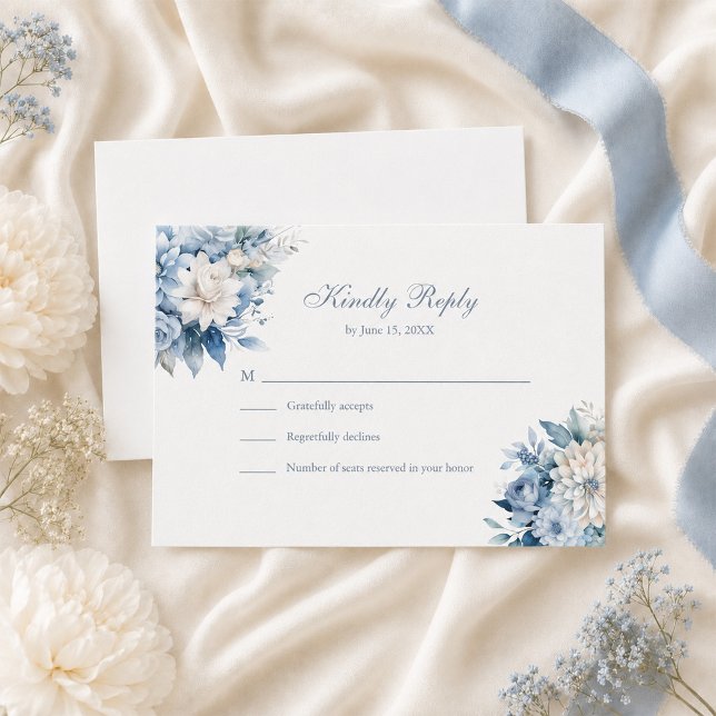 Carte de réponse de mariage à fleurs sauvages bleu (Dusty Blue Wildflower Wedding RSVP White Back Card)