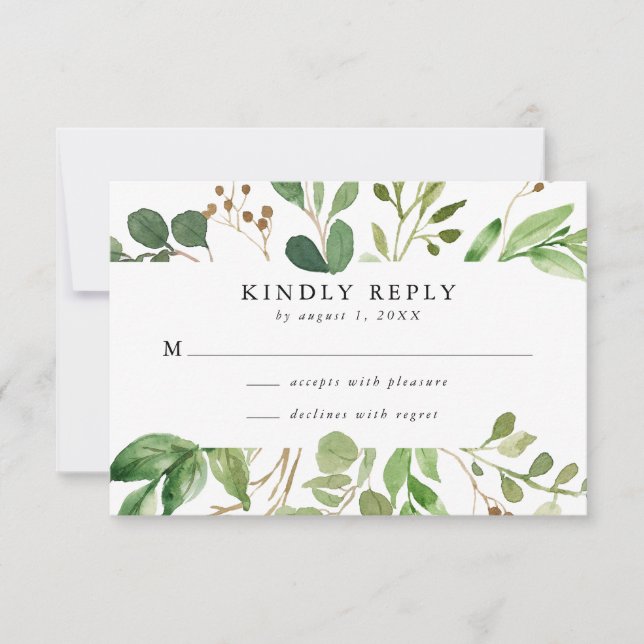 Carte de réponse de mariage à la gouache verte | R (Devant)