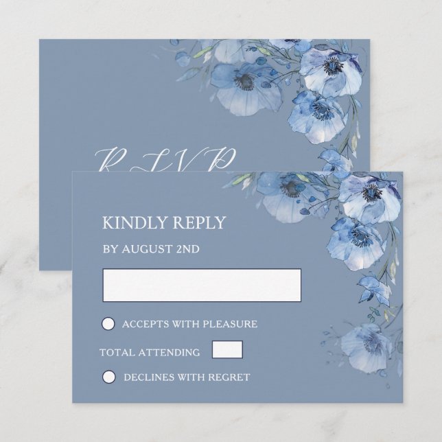 Carte de réponse de mariage à l'aquarelle bleue (Devant / Derrière)