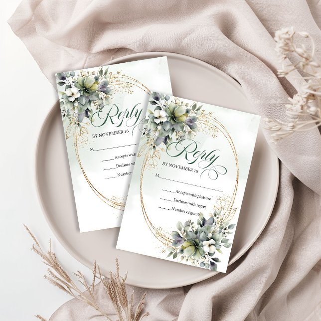 Carte de réponse de mariage à l'aquarelle botaniqu (Green White Botanical Watercolor Wedding Reply RSVP Card)